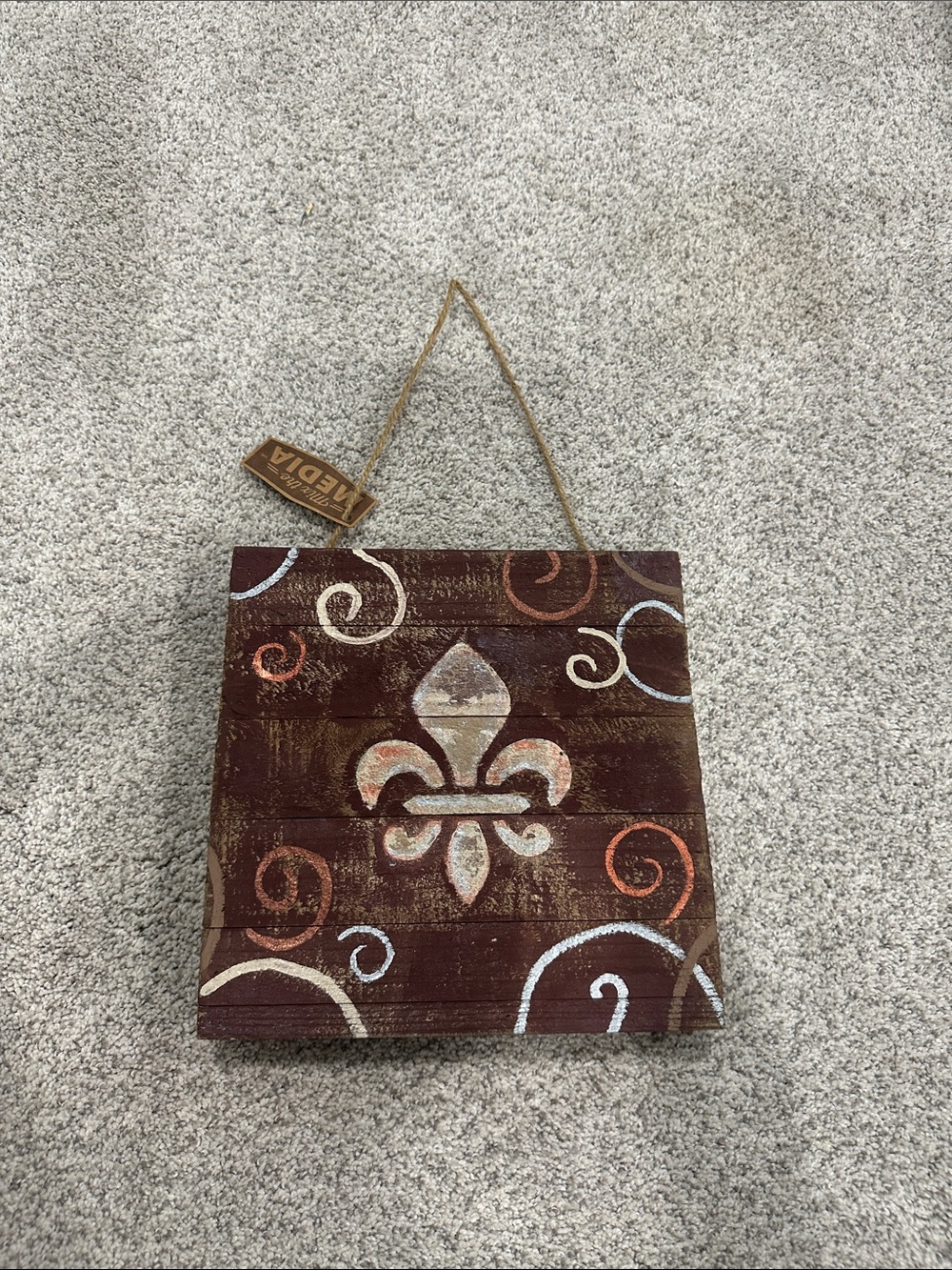 Fleur-de-lis Rustic Wood Hanging Sign - Brown & Cream